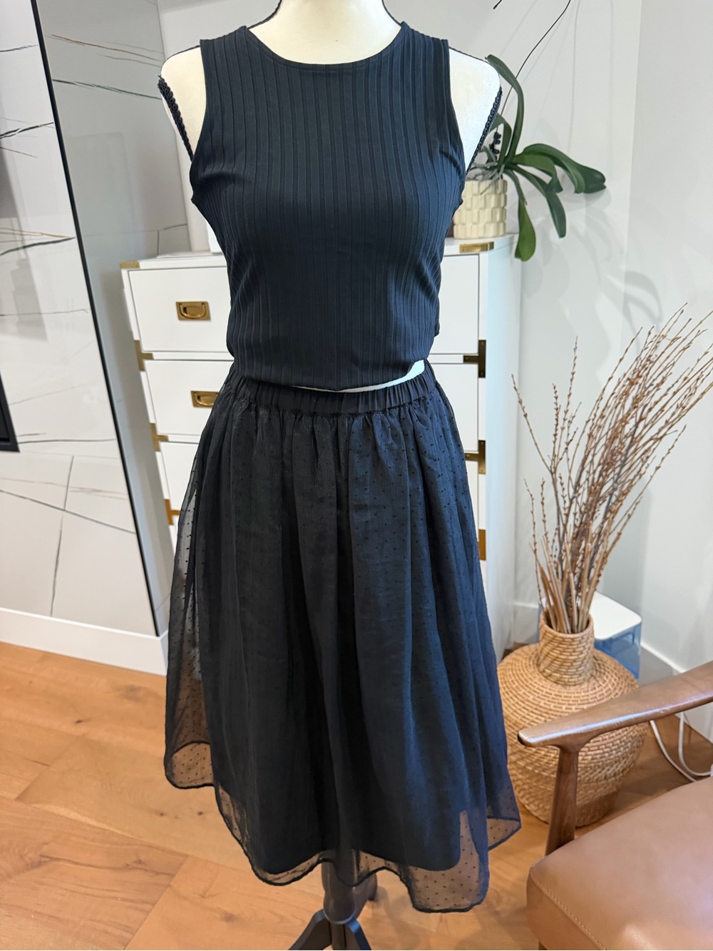 Banana Republic Black Midi Skirt with Sheer Dotted Overlay